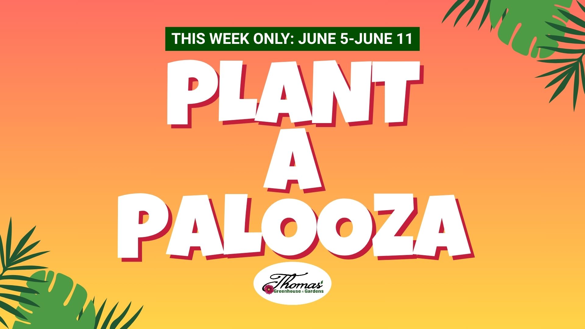 Wide promotional banner for the Plant-a-Palooza sale at Thomas Greenhouse & Gardens, featuring bold white text over a coral and orange gradient background with tropical leaves. Sale dates listed as June 5–11, 2025.